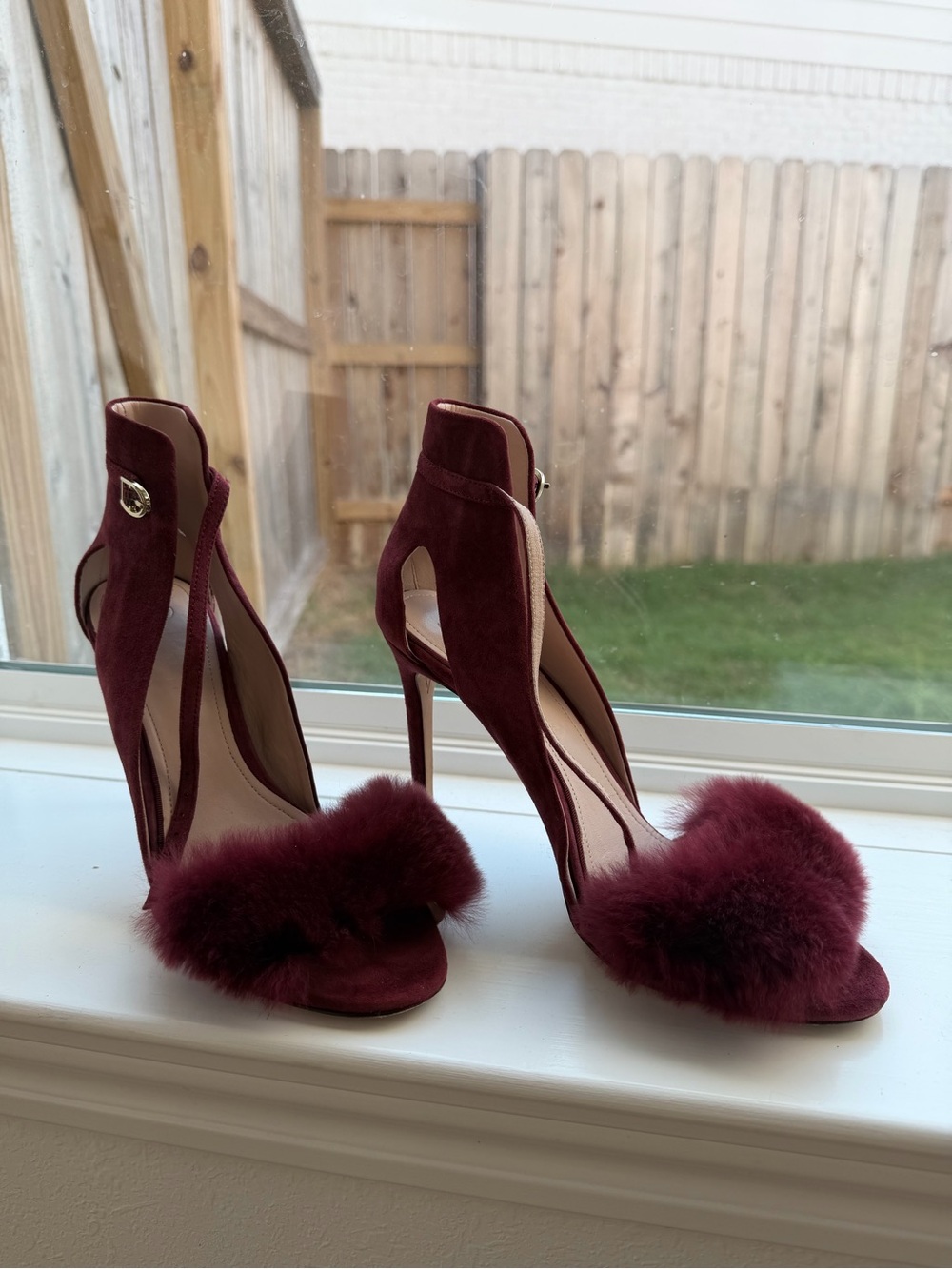 AD & Daughters Burgundy Suede High Heel Sandals with Rabbit Fur Accent